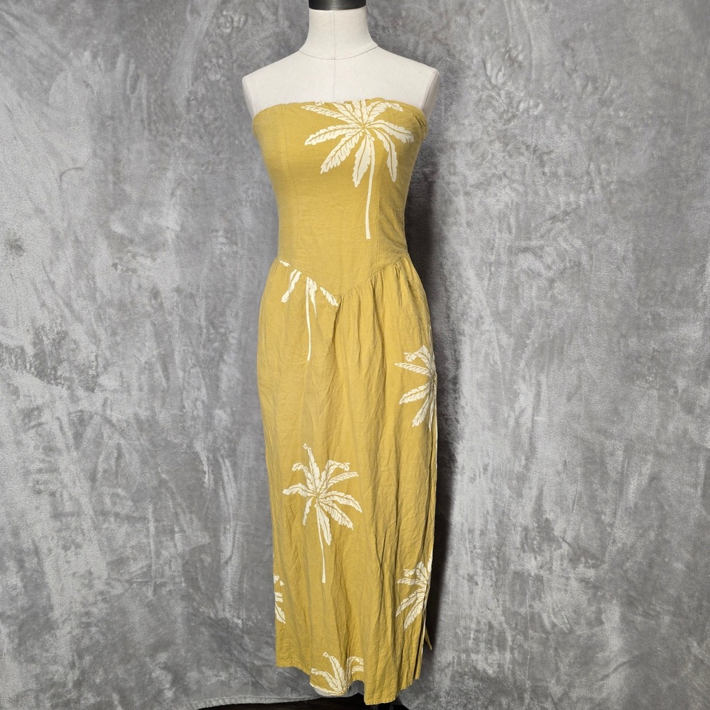 Celandine Strapless Dress Womens XXS Mustard Yellow Palm Tree Linen Blend Midi